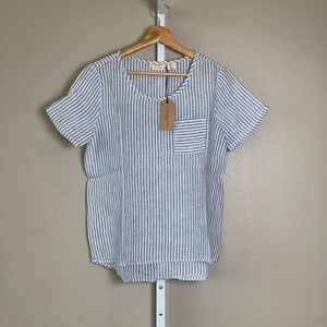 Christian Siriano Striped Short Sleeve Linen Top